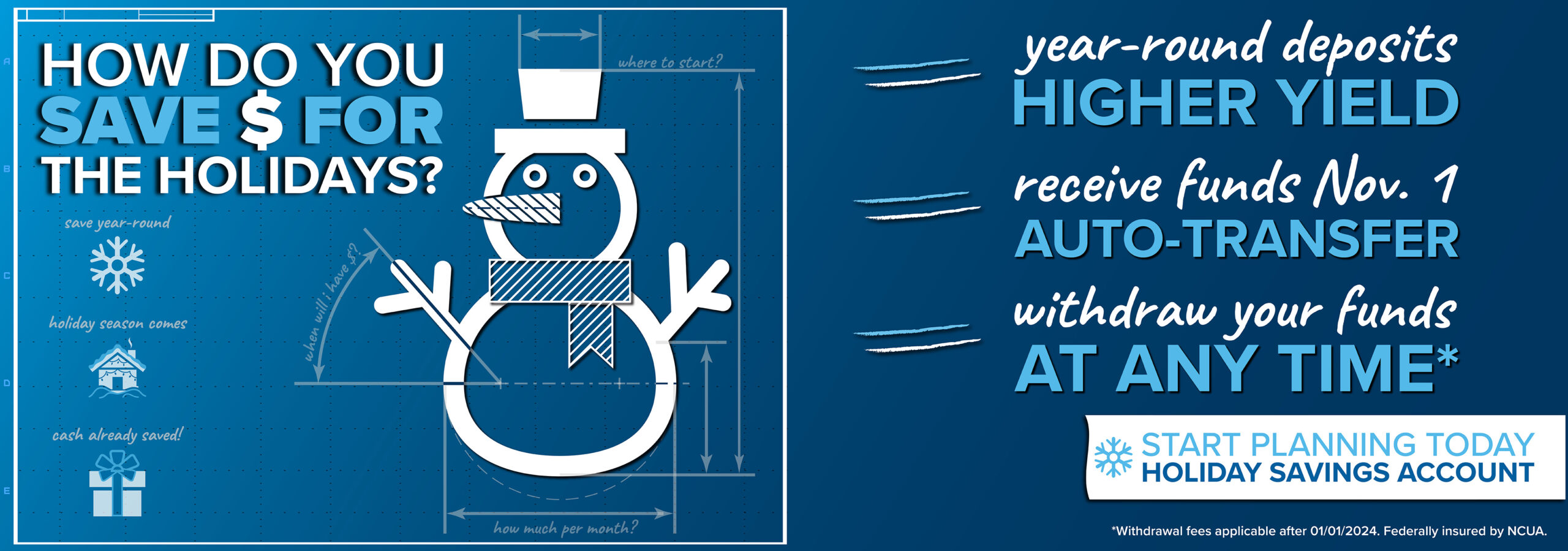 Snowman on a blueprint background. Start saving for the holidays with a holiday club account.