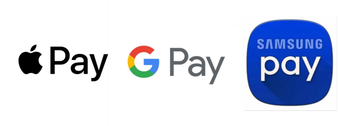 Apple Pay, Google Pay, Samsung Pay logos