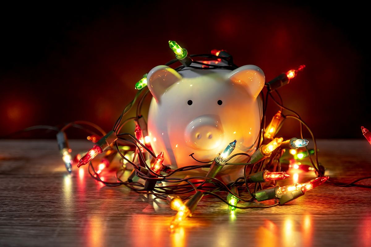 Piggy bank wrapped in holiday lights